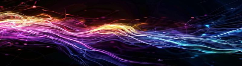 Panoramic abstract neural pathway visualisation, white-matter tractography rainbow streamlines flowing from cerebellum through brainstem, dark medical-imaging background, no people no faces no hands