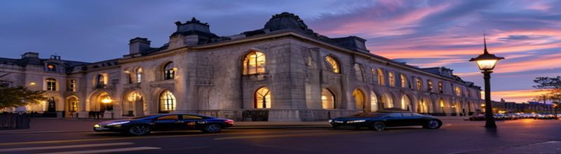 Panoramic wide-angle photograph of King Charles Street in Whitehall at dusk, the Foreign Commonwealth and Development Office building's stone facade and arched windows, a single ministerial Jaguar parked on the kerb under a streetlight, soft amber lamplight, documentary realism, no people no faces no hands