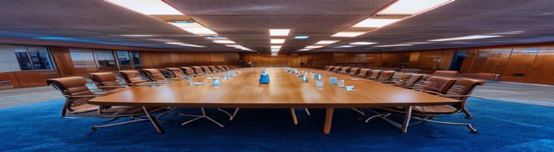 Panoramic wide-angle photograph of an empty European institutional meeting room at dusk, long polished wooden conference table with neat rows of microphone stands and water glasses, leather chairs pushed in, EU-style blue carpet, soft warm overhead lighting, documentary realism, no people no faces no hands