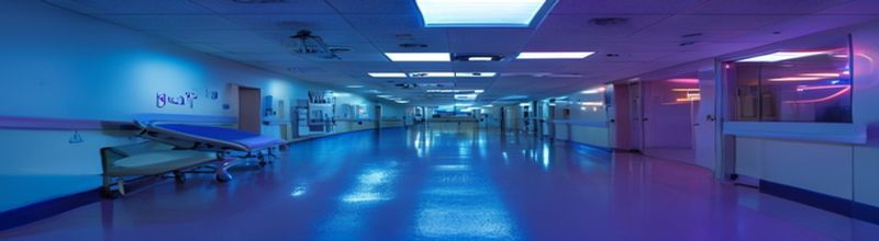 Panoramic wide-angle photograph of a quiet Irish neonatal hospital corridor at night, soft blue medical signage glowing, polished vinyl floor reflecting overhead light strips, a single empty paediatric incubator visible through an open ward door, documentary realism, no people no faces no hands