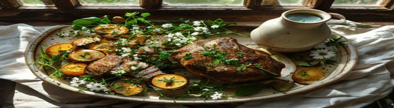 Panoramic overhead view of pan-roast lamb chops on a white serving platter with sliced new-season Irish potatoes, scattered wild garlic flowers and herbs, a small ceramic jug of green salsa verde to one side, set on a linen-draped table by a window in soft natural light, no people no faces no hands