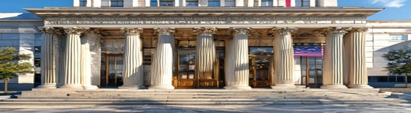 Panoramic exterior view of a classical-era community bank building with tall fluted limestone columns, a heavy brass-trimmed wooden door, polished granite steps reflecting afternoon sun, an American flag mounted on a polished steel pole at the entrance, low-rise commercial buildings on either side, sharp architectural detail on the dentil moulding and pediment, no people no faces no hands