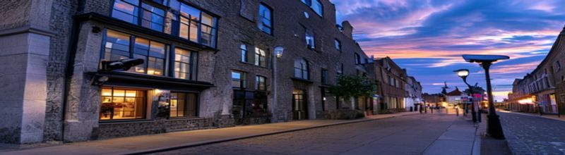 Panoramic streetscape view of a Dublin city-centre footpath at dusk under streetlamp glow, modern wall-mounted CCTV camera on a granite-faced corner building with shoplit windows below, no people no faces no hands