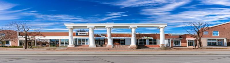 Panoramic view of a small-town American main street with a brick community bank facade and a clear blue spring sky, white columns and signage above the entrance, empty pavement, no people no faces no hands