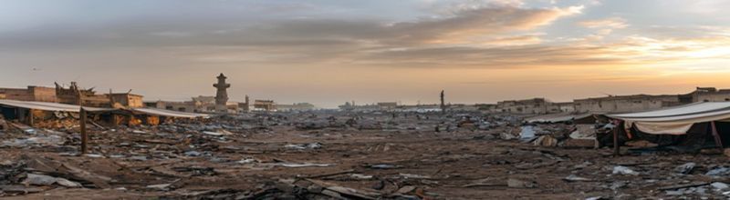 Panoramic view of a dusty Sudanese market square at dawn after a strike, scorched debris and collapsed white awnings scattered across the ground, a damaged minaret in the distance against a pale sky, no people no faces no hands