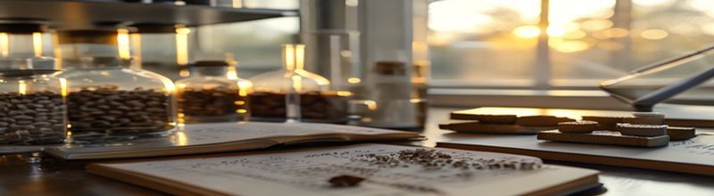 Panoramic overhead view of a pharmaceutical-grade laboratory bench at midday, neat rows of amber glass vials in a stainless-steel tray, a precision balance with a clean weighing paper, a sealed paper notebook with a fountain pen, no people no faces no hands