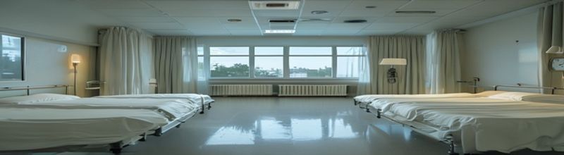 Panoramic interior of an empty hospital ward at dawn, two parallel rows of made beds with crisp white linen, a single bedside lamp lit, a clipboard hanging from a steel bed-end frame, tall sash windows admitting cool grey light, a clock on the far wall reading 06:30, polished linoleum floor, no people no faces no hands