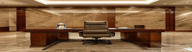 Panoramic view of an empty leather chair pulled back from a long polished mahogany conference table in the Federal Reserve Board's boardroom, an unoccupied name plate at the seat, a pitcher of water and a closed leather folder on the desk, soft incandescent ceiling lighting on a marble side wall, beige Persian rug under the table, no people no faces no hands