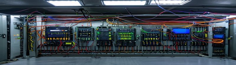 Panoramic view of an electrical substation control cabinet interior with rows of black industrial protection relays mounted on a grey metal panel, multi-coloured wiring trunked vertically, small LCD screens on each relay showing single-line schematic diagrams, a fluorescent ceiling tube light reflecting off the metal, a high-voltage warning sticker, no people no faces no hands