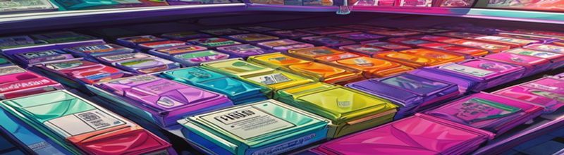 Panoramic top-down view of an assortment of small colourful plastic nicotine-pouch tins arranged in a grid on a dark studio surface with WHO-branded warning leaflets to one side, harsh studio light, no people no faces no hands