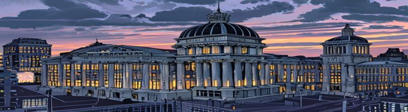 Panoramic aerial view of Bank of England Threadneedle Street facade in the City of London at dusk, classical Portland stone columns and dome silhouetted against grey overcast sky, illuminated server racks and abstract circuit traces overlaid faintly in foreground, no people no faces no hands