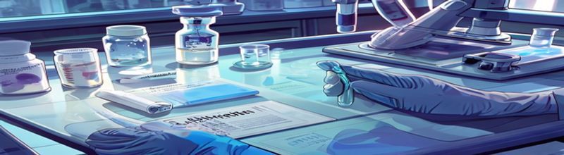 Panoramic view of a sterile pharmaceutical manufacturing cleanroom with rows of stainless-steel bioreactors and gene-therapy vial racks on metal benches, soft fluorescent lighting, blue-tinted floor, no people no faces no hands