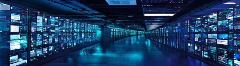 Panoramic view of a vast digital image archive, rows of illuminated screens displaying a grid of stock photographs and editorial press images, a darkened control room with monitor banks, cool cyan glow, server racks along the far wall, no people no faces no hands