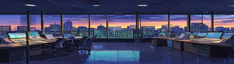 Panoramic view of an empty bank treasury office at dusk, long desks with multiple financial data terminals showing charts and tables, glass partition walls, city skyline visible through floor-to-ceiling windows, muted evening light, no people no faces no hands