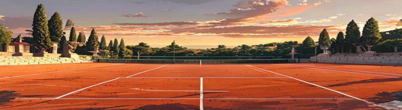Panoramic wide-angle view of an empty outdoor clay tennis court at dusk, deep terracotta-orange surface with crisp white lines, a low net across the centre, banked rows of empty seats and cypress trees beyond, warm sunset sky, no people no faces no hands